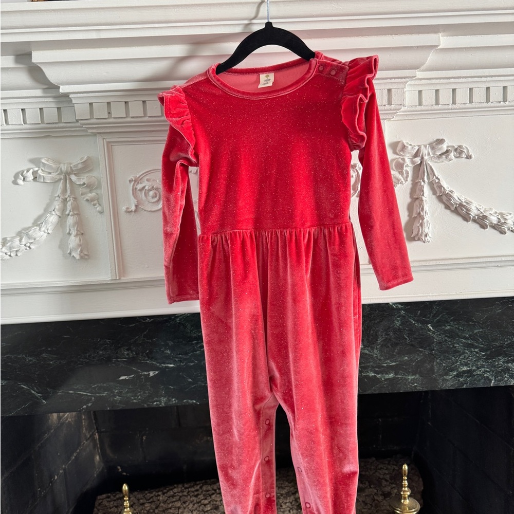 Cranberry Velvet Long Sleeve Jumpsuit 24 Months